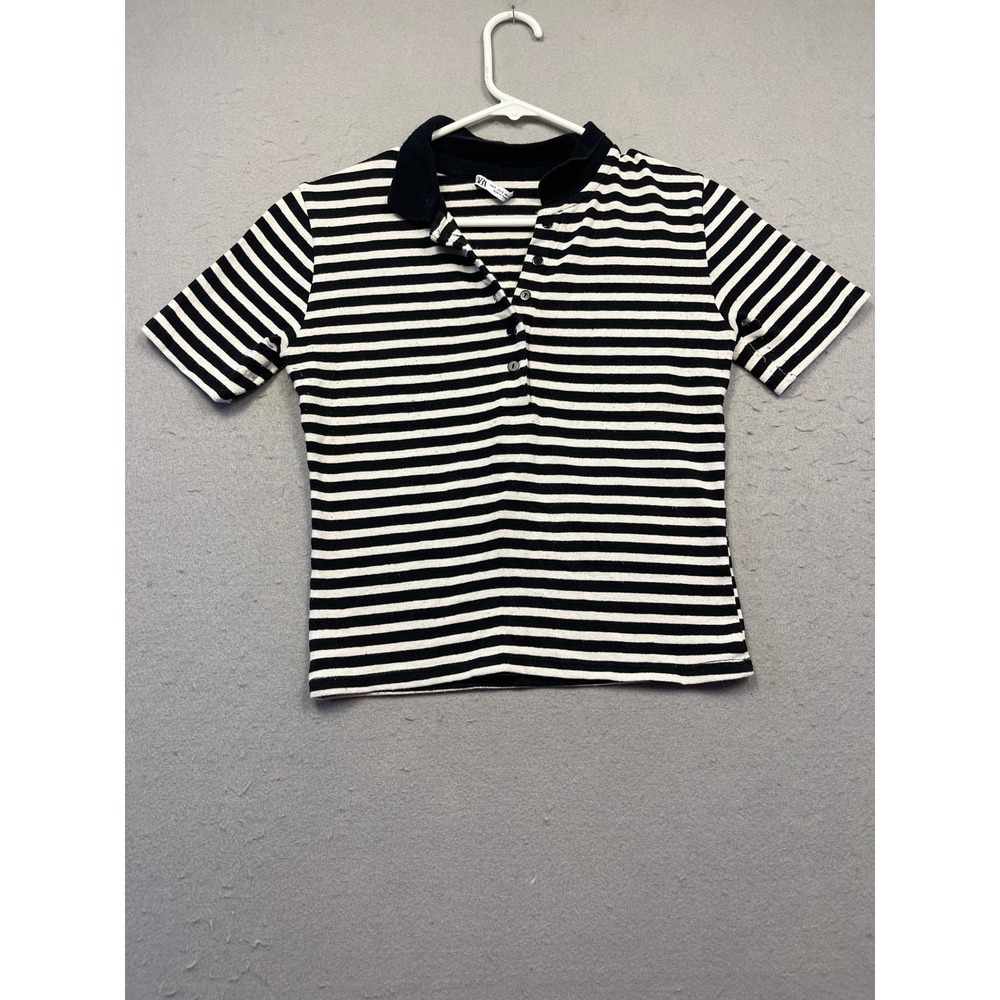 ZARA Polo Shirt Knit Striped Black White Small Womens